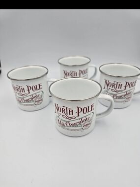 North Pole Hot Chocolate Holiday White Ceramic Mug with Red Lettering - Set of 4